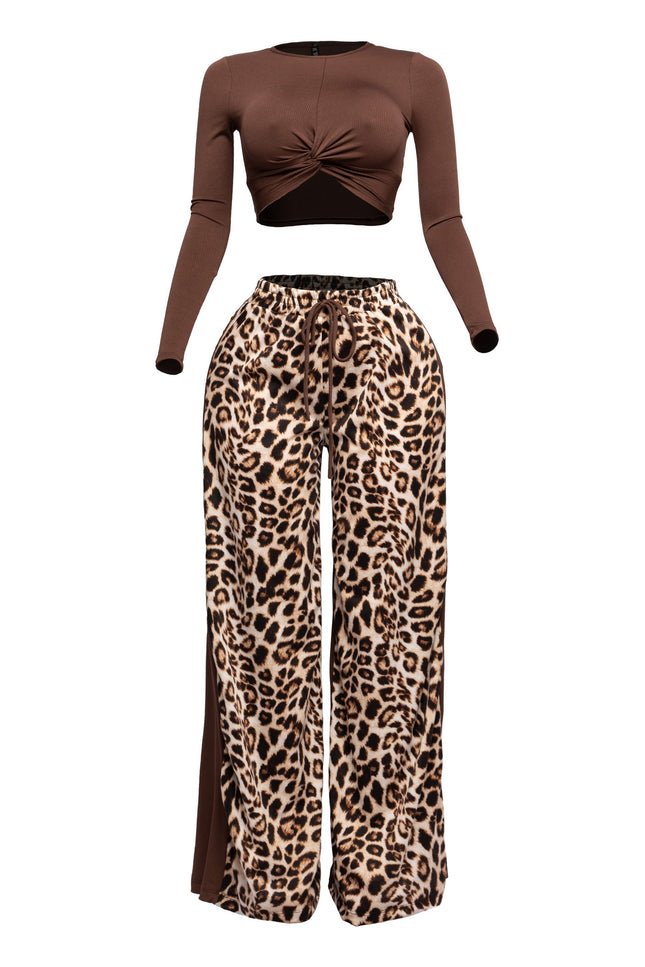 Long sleeve knoted mid top and leopard linen contrast wide leg pants set - Muvin 