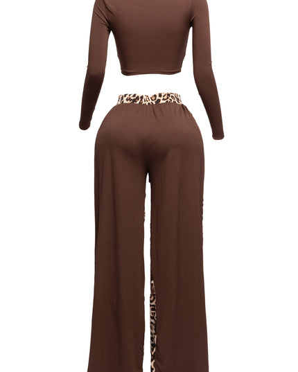 Long sleeve knoted mid top and leopard linen contrast wide leg pants set - Muvin 