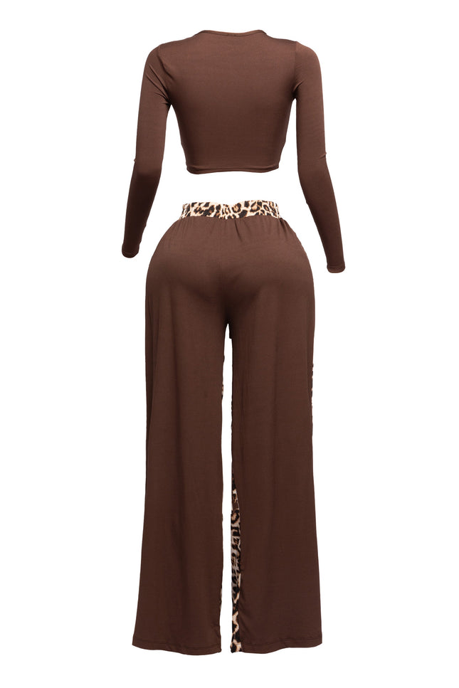 Long sleeve knoted mid top and leopard linen contrast wide leg pants set - Muvin 