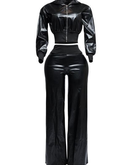 PU hoodie jacket & wide leg pants set - Muvin 