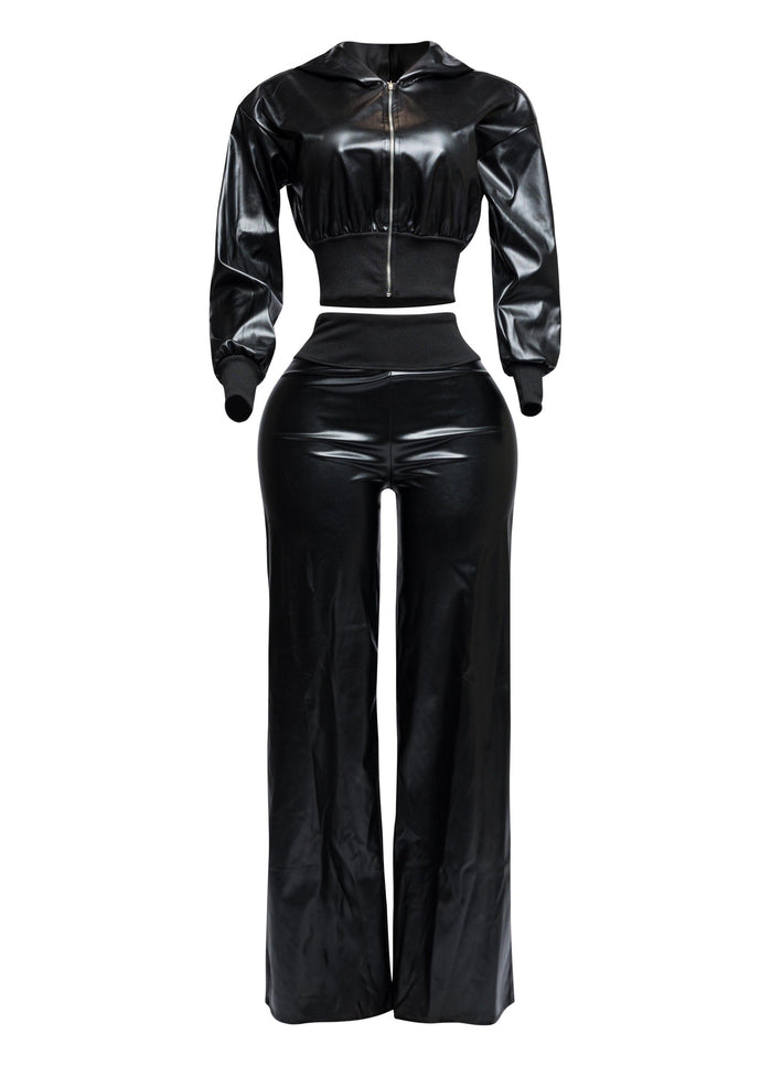 PU hoodie jacket & wide leg pants set - Muvin 