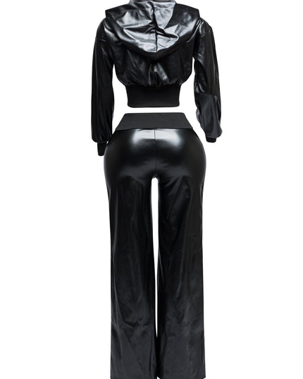PU hoodie jacket & wide leg pants set - Muvin 