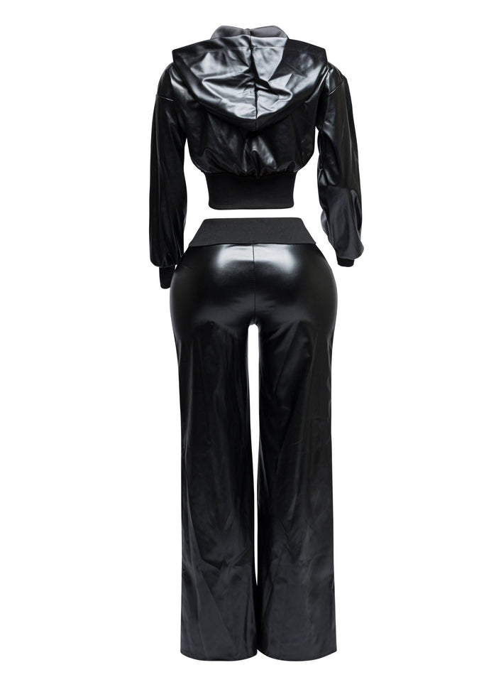 PU hoodie jacket & wide leg pants set - Muvin 