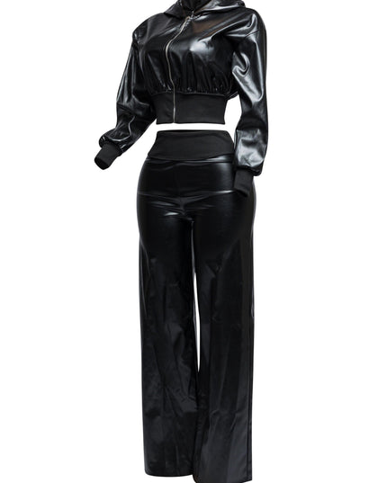 PU hoodie jacket & wide leg pants set - Muvin 