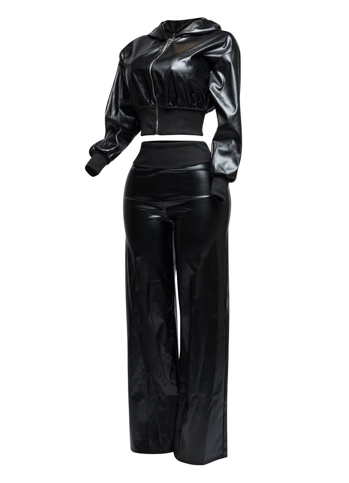 PU hoodie jacket & wide leg pants set - Muvin 