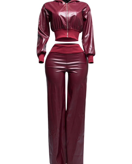 PU hoodie jacket & wide leg pants set - Muvin 