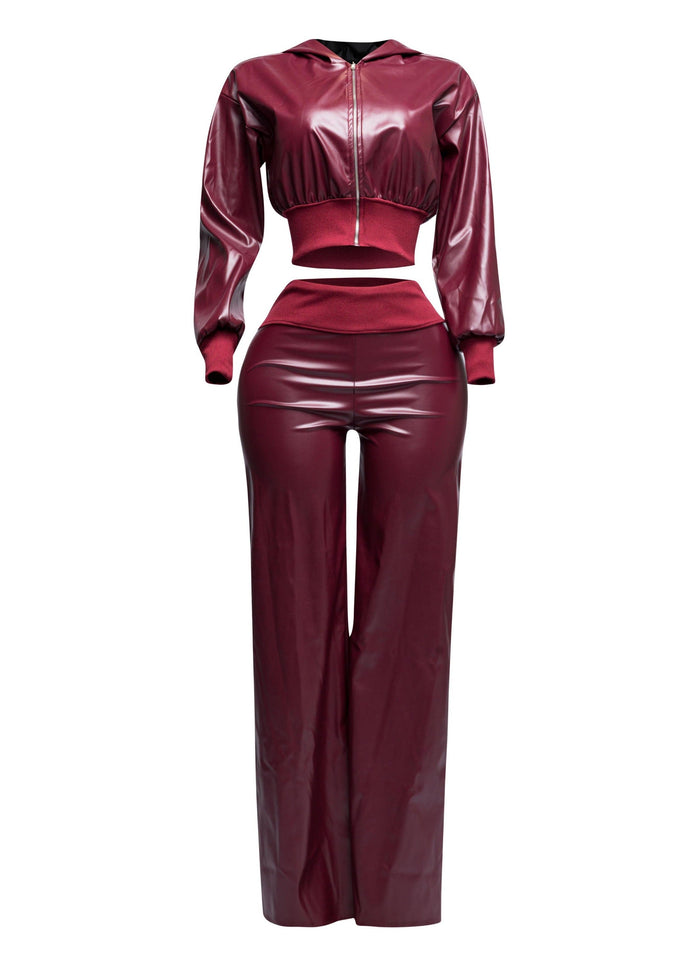 PU hoodie jacket & wide leg pants set - Muvin 