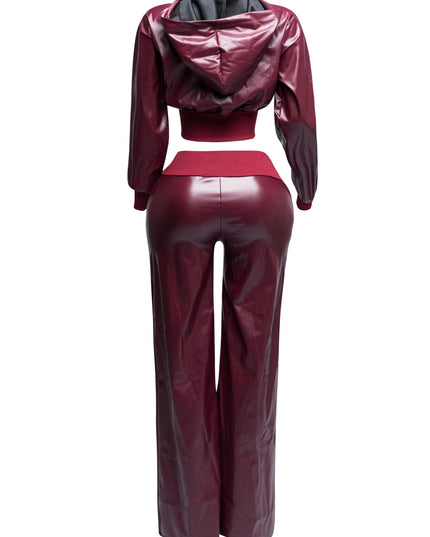 PU hoodie jacket & wide leg pants set - Muvin 