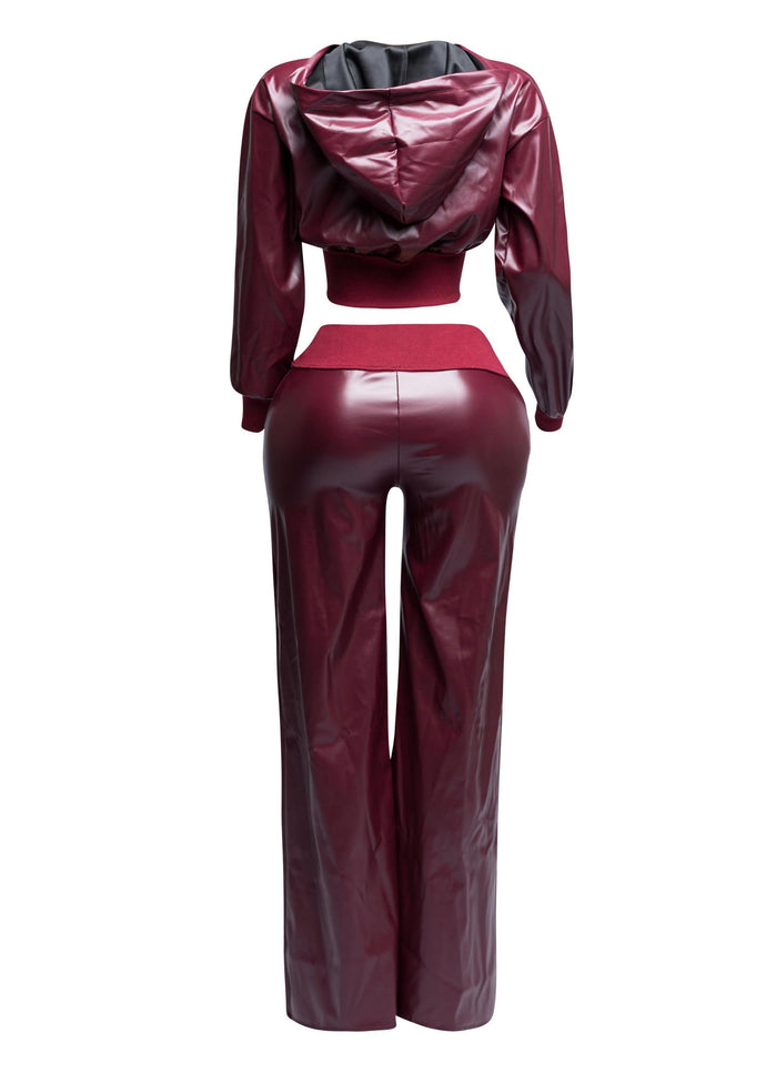 PU hoodie jacket & wide leg pants set - Muvin 