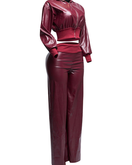 PU hoodie jacket & wide leg pants set - Muvin 