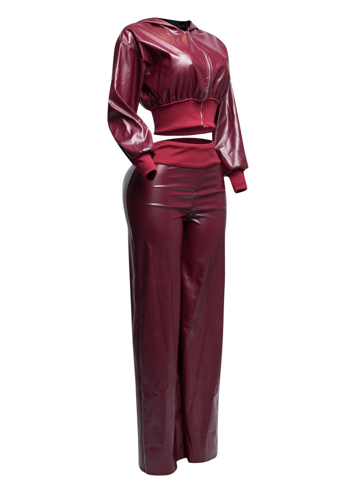 PU hoodie jacket & wide leg pants set - Muvin 