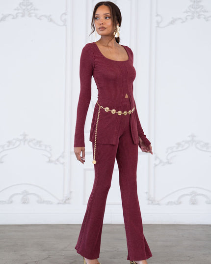 Rib fabric twisted front cut out detailed top & pants set - Muvin 