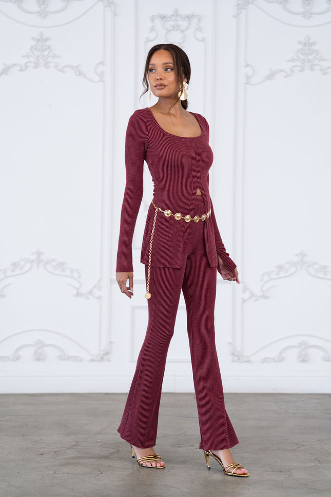 Rib fabric twisted front cut out detailed top & pants set - Muvin 