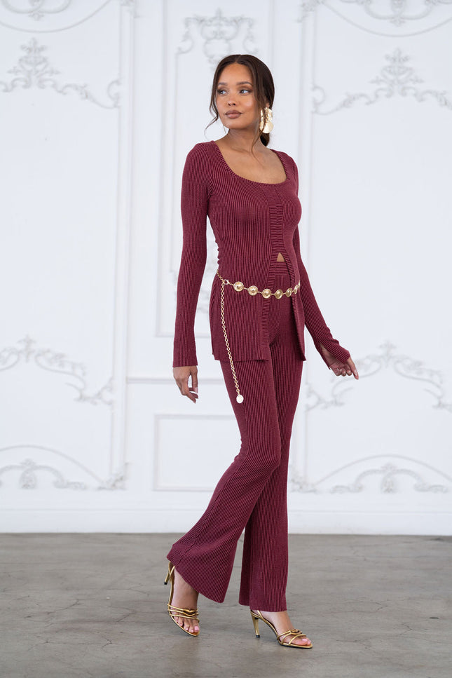 Rib fabric twisted front cut out detailed top & pants set - Muvin 