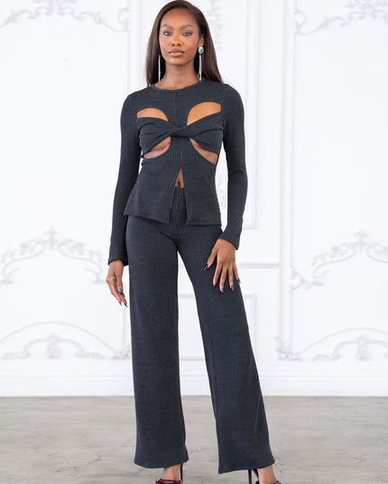 Rib fabric twisted front cut out detailed top & pants set - Muvin 