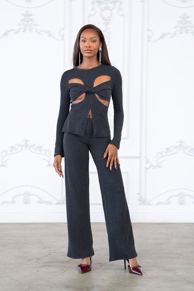 Rib fabric twisted front cut out detailed top & pants set - Muvin 