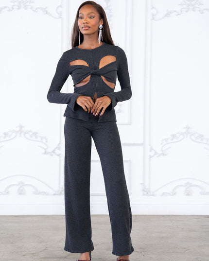 Rib fabric twisted front cut out detailed top & pants set - Muvin 