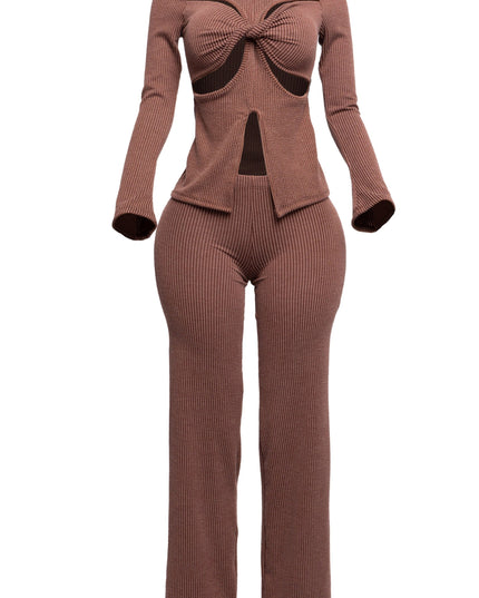 Rib fabric twisted front cut out detailed top & pants set - Muvin 
