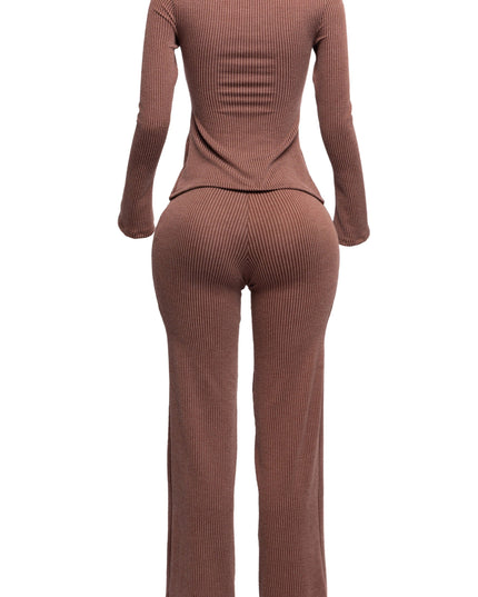 Rib fabric twisted front cut out detailed top & pants set - Muvin 