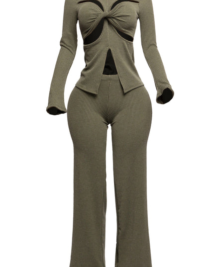 Rib fabric twisted front cut out detailed top & pants set - Muvin 