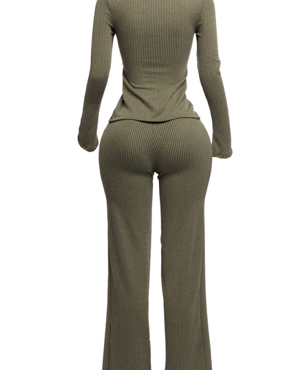 Rib fabric twisted front cut out detailed top & pants set - Muvin 