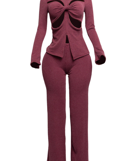 Rib fabric twisted front cut out detailed top & pants set - Muvin 