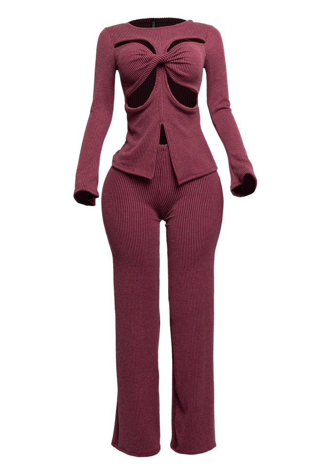 Rib fabric twisted front cut out detailed top & pants set - Muvin 