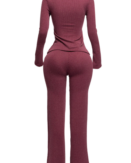 Rib fabric twisted front cut out detailed top & pants set - Muvin 