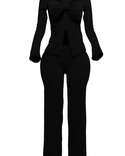 Rib fabric twisted front cut out detailed top & pants set - Muvin 