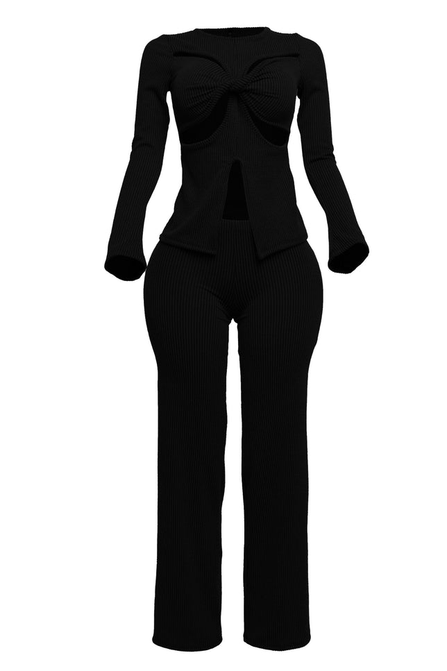Rib fabric twisted front cut out detailed top & pants set - Muvin 