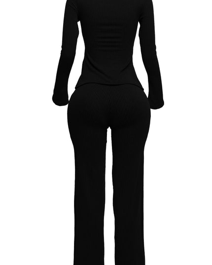 Rib fabric twisted front cut out detailed top & pants set - Muvin 