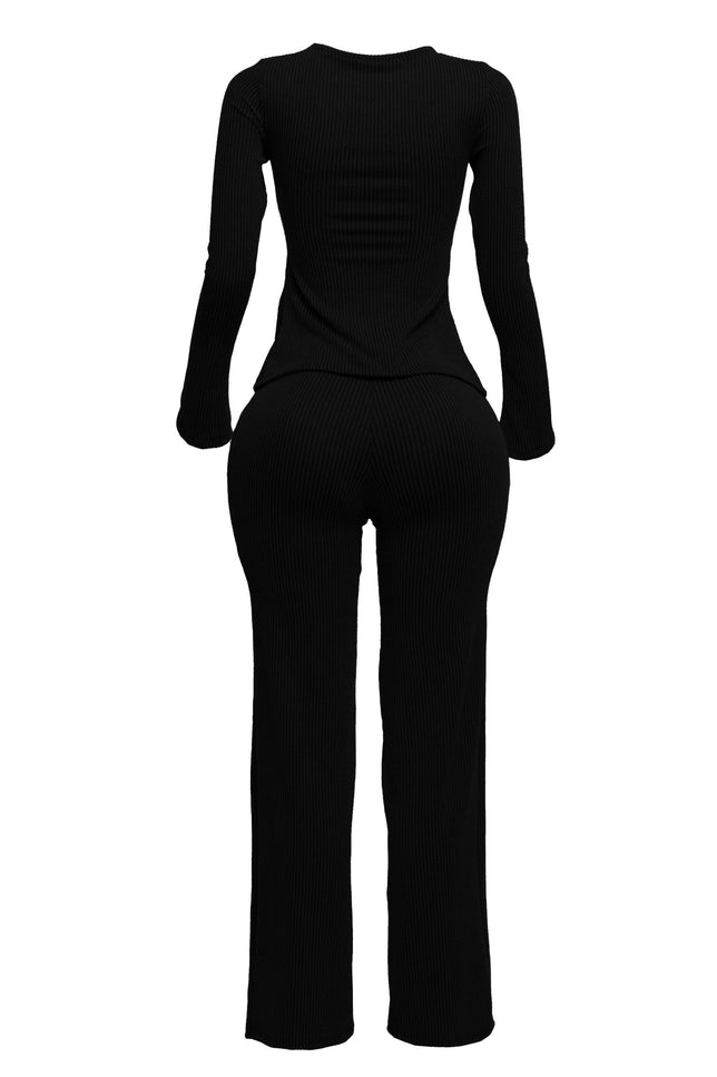 Rib fabric twisted front cut out detailed top & pants set - Muvin 