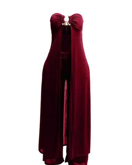 Strapless front slit open dress top and wide leg pants set - Muvin 