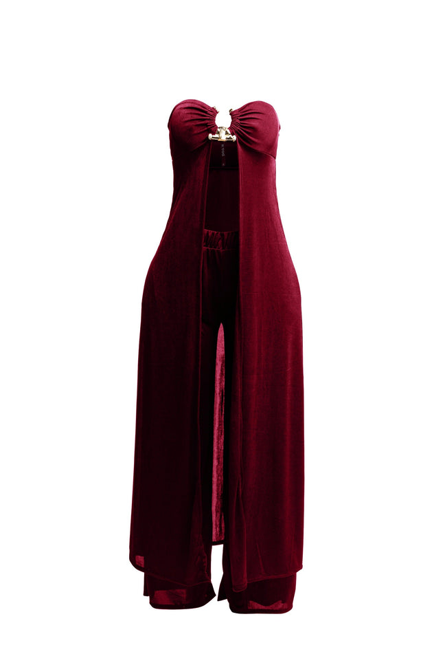 Strapless front slit open dress top and wide leg pants set - Muvin 