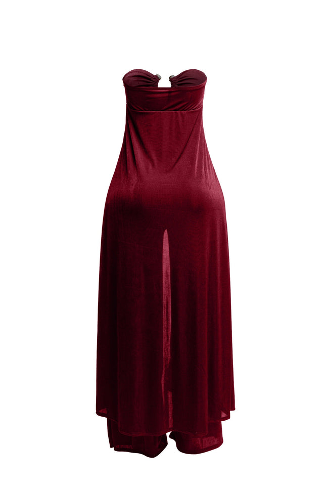 Strapless front slit open dress top and wide leg pants set - Muvin 