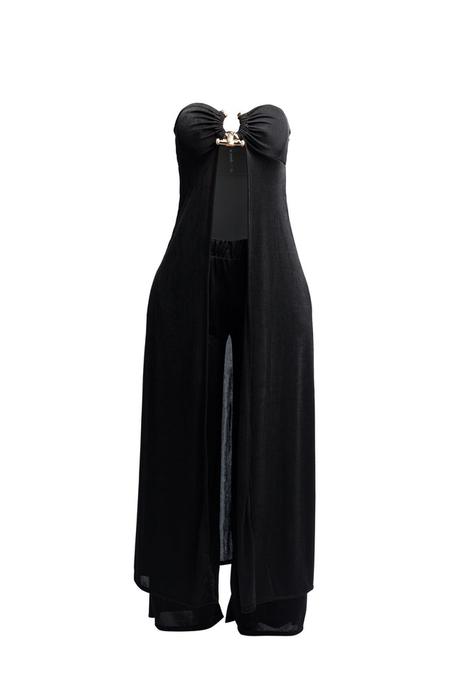 Strapless front slit open dress top and wide leg pants set - Muvin 