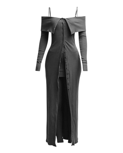 Long length spaghetti strap and off shoulder top & skirt leggings set - Muvin 