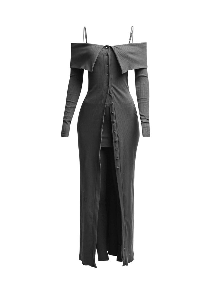 Long length spaghetti strap and off shoulder top & skirt leggings set - Muvin 