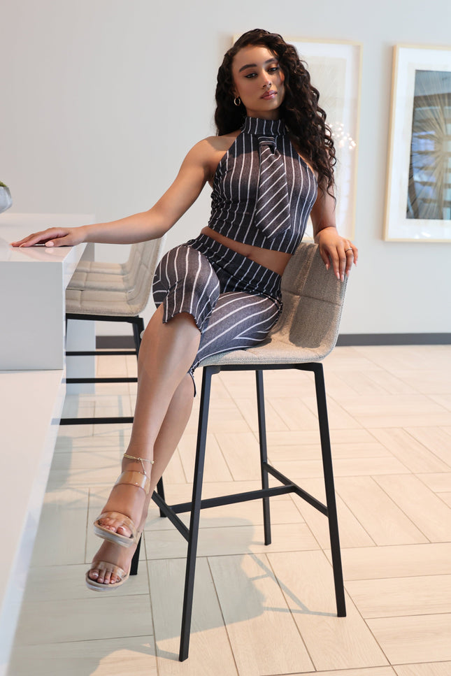 Striped neckltie halter top and capri pant set - Muvin 
