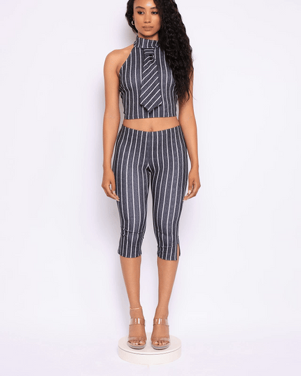 Striped neckltie halter top and capri pant set - Muvin 