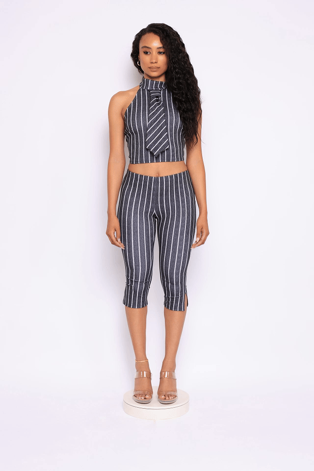 Striped neckltie halter top and capri pant set - Muvin 