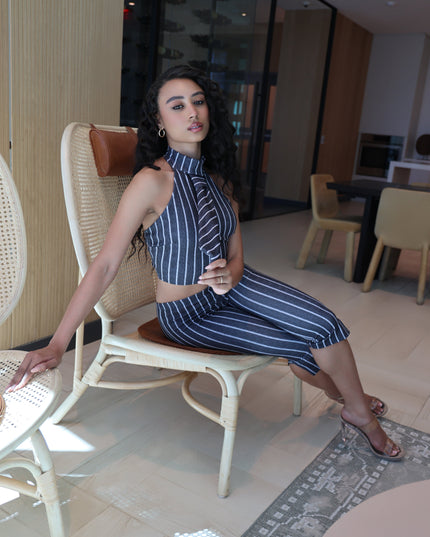 Striped neckltie halter top and capri pant set - Muvin 
