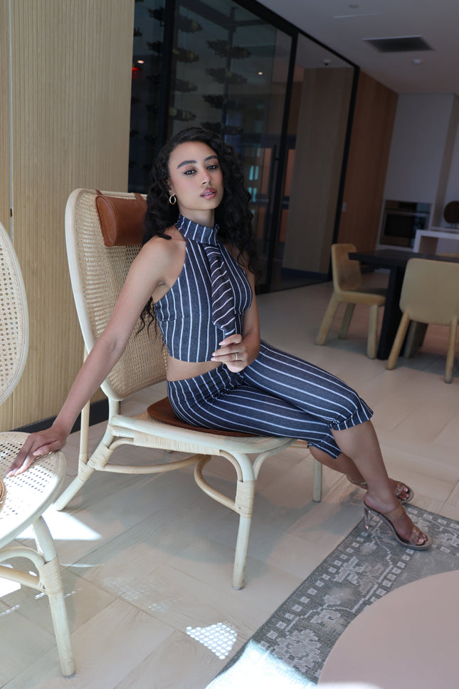 Striped neckltie halter top and capri pant set - Muvin 