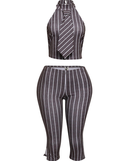 Striped neckltie halter top and capri pant set - Muvin 
