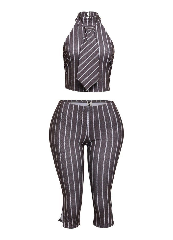Striped neckltie halter top and capri pant set - Muvin 