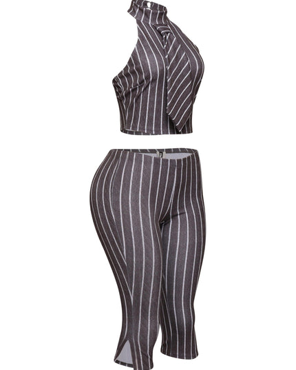Striped neckltie halter top and capri pant set - Muvin 