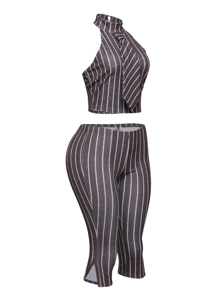 Striped neckltie halter top and capri pant set - Muvin 
