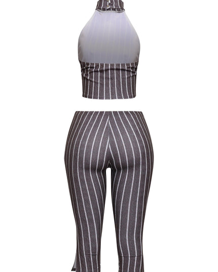Striped neckltie halter top and capri pant set - Muvin 