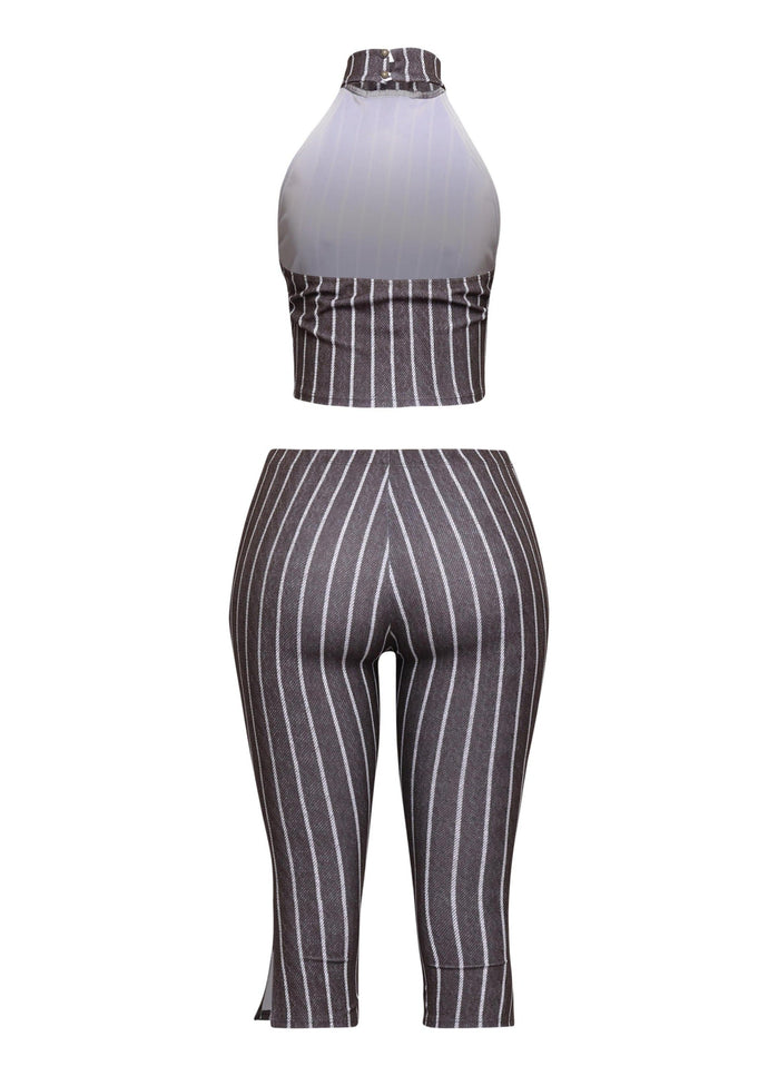 Striped neckltie halter top and capri pant set - Muvin 