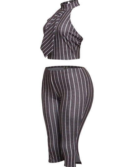 Striped neckltie halter top and capri pant set - Muvin 